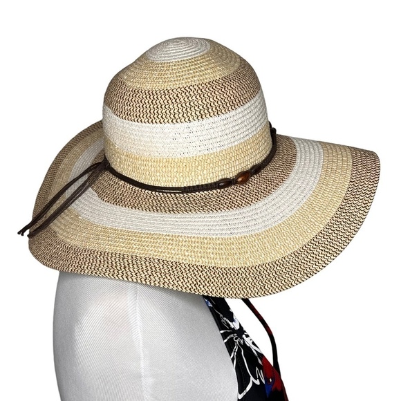 Magid Floppy Wide Brim Woven Paper Sun Hat Size 23 Large Straw Tan Brown Stripe - Picture 3 of 10